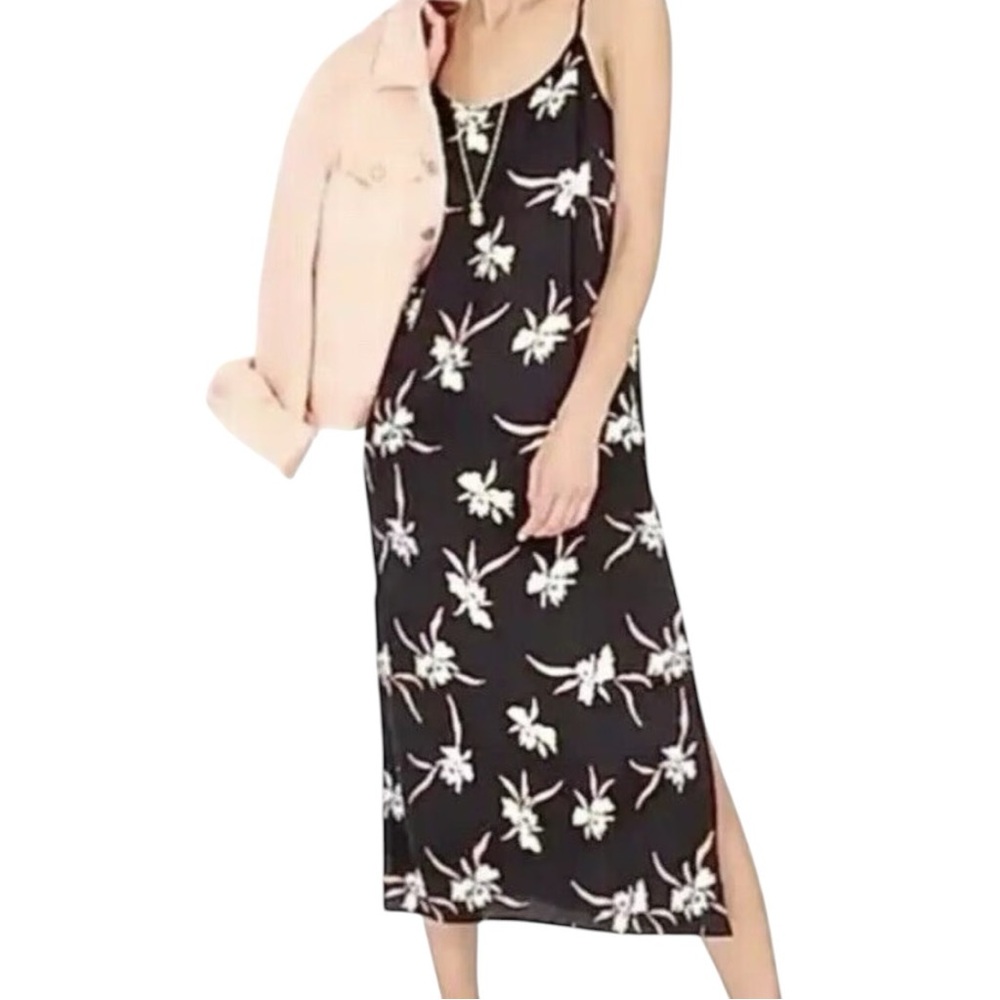 J. Crew Factory Black Satin Floral Print Slip Dress